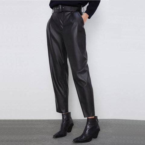 2022 printemps automne femmes mode noir taille haute Faux cuir costume pantalon avec ceintures poches bureau dames PU cuir pantalon ► Photo 1/6