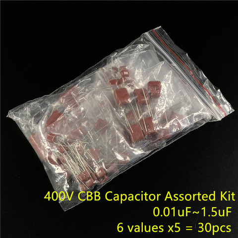 Kit assorti de condensateur CBB 400V, sac d'échantillon, 6ValuesX5PCS = 30 pièces, 400V / 103J 473J 104J 334J 105J 155J, condensateur ca sans polarité ► Photo 1/2