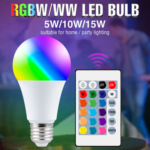 Ampoule ampoule rvb 220, E27, LED V, 5W, 10W, 15W, éclairage RGBW ww, 110V, lampe à LED ada couleurs changeantes, RGBW lampe à LED avec télécommande IR ► Photo 1/6