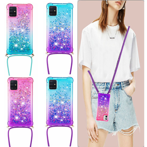 Coque à paillettes liquides avec chaîne pour Samsung, compatible modèles Galaxy A51, A71, 5G, A01, A11, A21, A21S, A31, A41, A81, A91 ► Photo 1/6