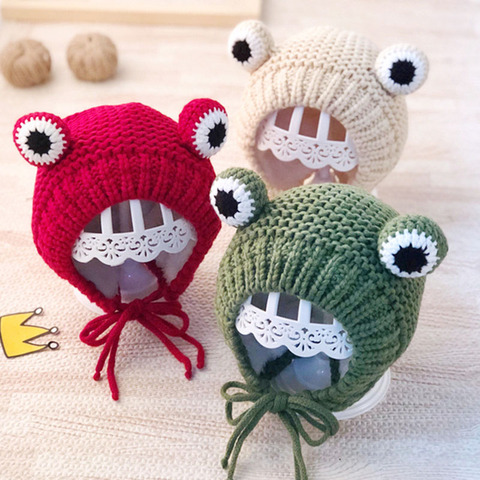 Chapeau de bébé, dessin animé, grenouille, grands yeux, noël, élan, hiver, tricot épais, chaud, en peluche, pour nouveau-né, garçon et fille, nouvelle collection ► Photo 1/6