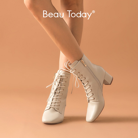 BeauToday bottines femmes en peau de mouton en cuir véritable fermeture éclair à lacets bout carré talon haut dame bottes à la main 03372 ► Photo 1/6