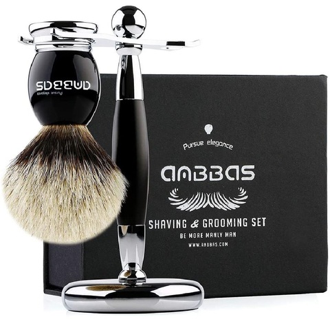 Blaireau et support, ensemble de brosse à cheveux de blaireau Anbbas Silvertip avec support de rasage en acier inoxydable, cadeau de poignée en alliage de résine noire ► Photo 1/6