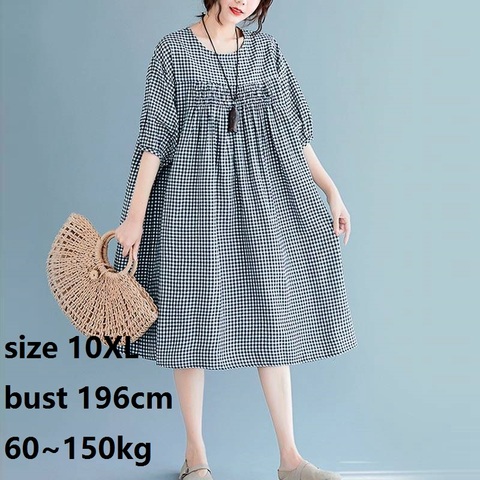 Robe d'été à carreaux en coton et lin pour femme, grande taille 10XL 60 ~ 150KG, pour l'été, ample, grande taille décontracté ► Photo 1/6