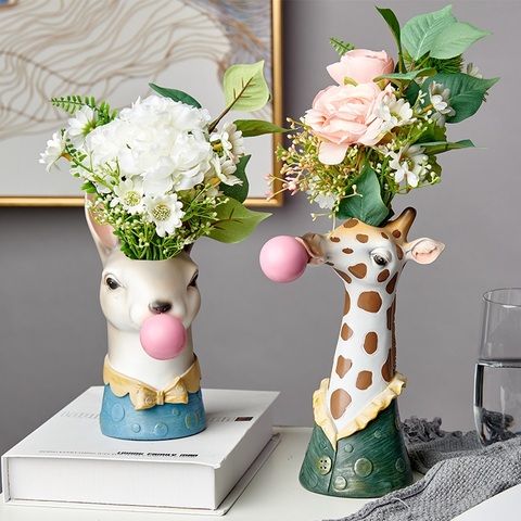 Résine dessin animé Animal tête Vase Pot de fleur bulle gomme zèbre girafe Panda cerf lapin ours Animal artisanat créatif décoration ► Photo 1/1