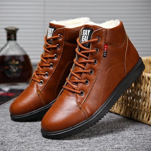 Baskets en peluche courtes pour homme, automne hiver, 2022, bottes de neige en cuir PU, Vintage, chaussures décontractées, chaussures hautes ► Photo 1/5