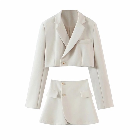 Veste blazer courte à manches longues pour femmes, avec bouton unique, mode rétro, taille haute, Mini jupe trapèze irrégulière croisée ► Photo 1/1