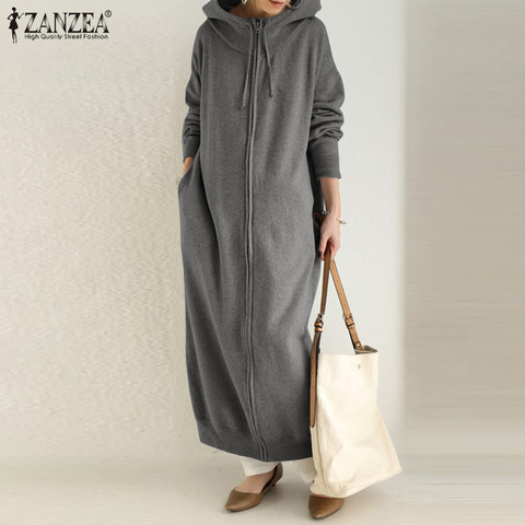 Élégant sweat à capuche manteaux femmes sweats 2022 ZANZEA décontracté fermeture éclair manches longues outwear femme solide Maxi Robe surdimensionné ► Photo 1/6