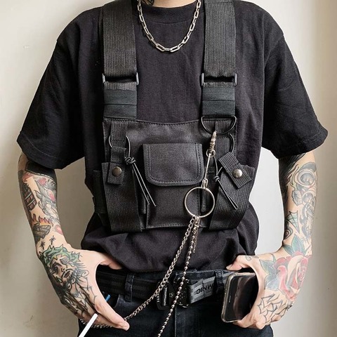 Sac de rangement de poitrine militaire pour hommes, sacs noirs Hip Hop fonctionnels de taille ajustable, gilet walkie-walkie ► Photo 1/6