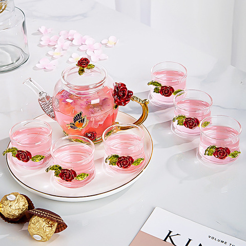 Service à thé avec rose rouge émaillé en cristal, fleur, verre émaillé, pour boissons chaudes et froides, service à thé au bureau ou à la maison, cadeau ► Photo 1/6