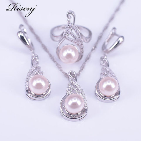 Ensemble de bijoux rose perle d'eau douce en argent 925, en Zircon blanc, pour femmes, boucles d'oreilles, bague, collier, livraison gratuite ► Photo 1/6