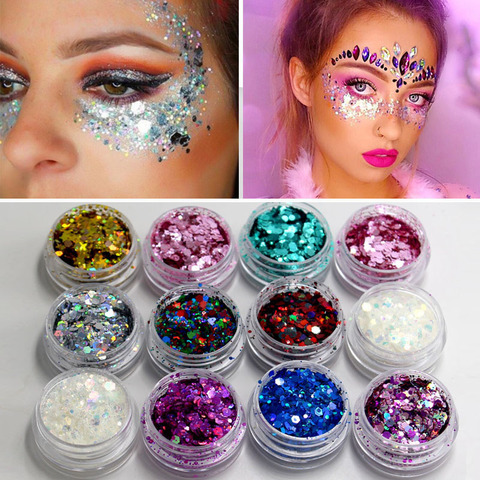 12 couleurs paillettes miroitant cheveux paillettes paillettes corps visage oeil paillettes paillettes fard à paupières brillant maquillage peau visage paillettes corps paillettes ► Photo 1/6