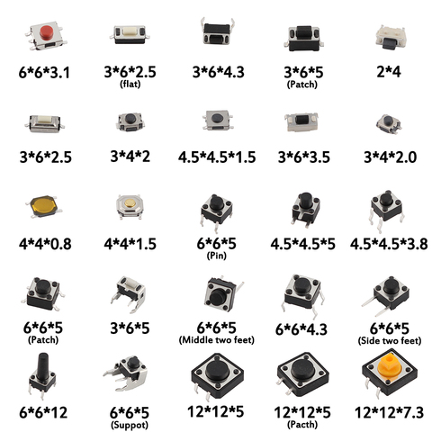 125 pièces 25Types/lot Micro interrupteur bouton poussoir Tact commutateurs réinitialiser Mini interrupteur à feuille SMD DIP 2*4 3*6 4*4 6*6 bricolage Kit assorti ► Photo 1/6