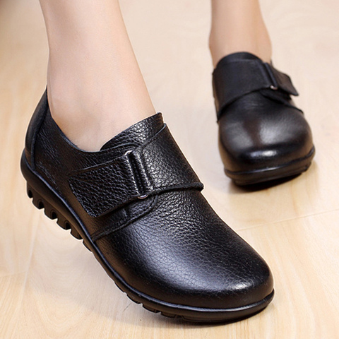 Chaussures pour femmes 2022 hiver en peluche cale mocassins femme noir en cuir véritable chaussures plates dames bureau infirmière chaussures maman espadrilles décontractées ► Photo 1/6