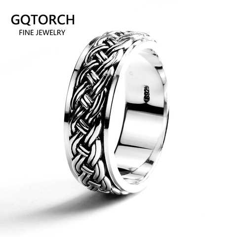 Rotatif hommes anneaux Vintage Punk chanvre corde conception réel 925 argent Sterling bijoux fins ► Photo 1/5