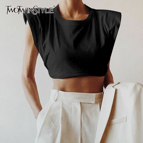 TWOTWINSTYLE – T-shirt minimaliste pour femme, joli haut col rond sans manches, modèle élégant, court, vêtement féminin à la mode, printemps été 2022 ► Photo 1/6