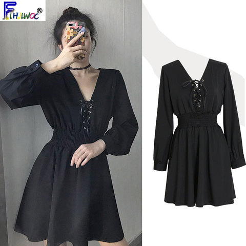 Petites robes noires Design français pour femmes, à la mode, manches longues, taille Slim, ligne A, nœud papillon, Mini robe de soirée mignonne, automne 9011 ► Photo 1/5