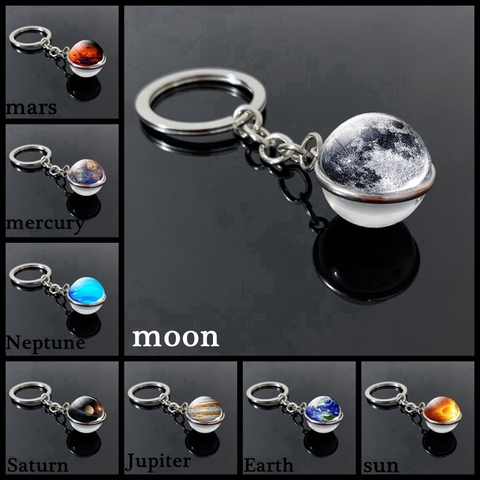 Porte-clés spatial avec système solaire, boule de verre Double face, lune, soleil, Mars ► Photo 1/6