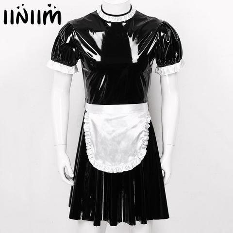 Robe de Cosplay de serveuse pour hommes, uniforme de serveuse en Latex à manches courtes bouffantes, vêtements de club, robe évasée avec tablier ► Photo 1/6