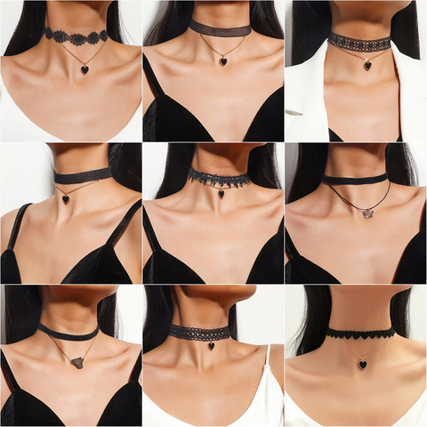 Sexy noir dentelle collier Goth Double couches amour coeur pendentif Chokers Vintage colliers pour femmes collier couples cou bijoux ► Photo 1/6