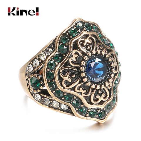 Kinel-bagues Vintage en pierre bleue pour femmes, couleur or Antique incrustée de cristal vert, bijoux Boho, collection nouveauté ► Photo 1/6