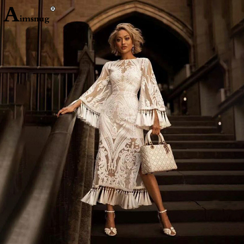 Aimsnug – robe Boho en dentelle pour femmes, tenue fendue bilatérale, couleur unie, blanc, Perspective, col rond, broderie avec pompon, 2022 ► Photo 1/6