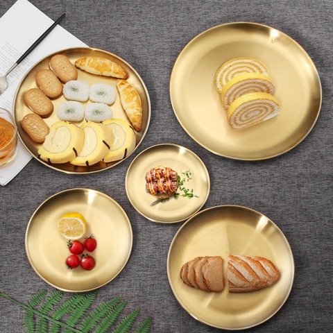 Golden Stainless Steel Storage Tray Luxurious Brass Gold Round Plate Fruit Cake Steak Snack Kitchen Metal Storage ► Photo 1/6