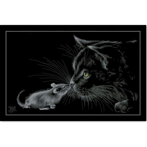 Point de croix chat et souris, paquet animal 18ct 14ct 11ct, tissu noir, fil de coton, broderie à faire soi-même ► Photo 1/2