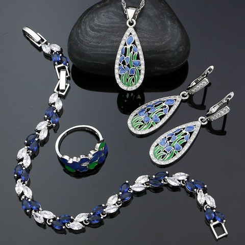 Ensemble de bijoux en argent Sterling 925 pour femme, boucles d'oreilles pendantes en émail, Bracelet en zircone cubique, cadeau d'anniversaire ► Photo 1/6