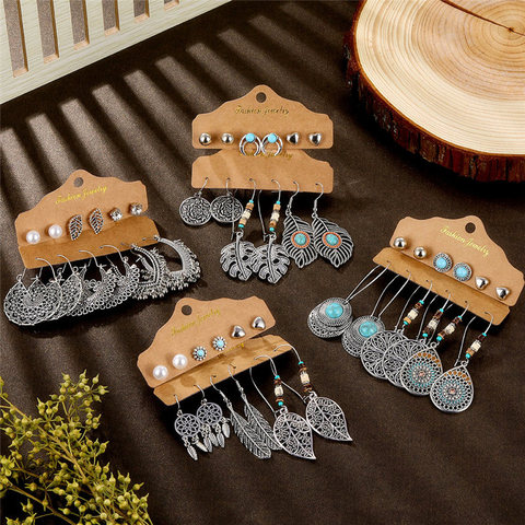 Boucles d'oreilles Vintage ethnique argent pour femmes, fleurs, feuille pendante, goutte d'eau, Boho, glands, ensembles de boucles d'oreilles, accessoires bijoux à la mode ► Photo 1/6