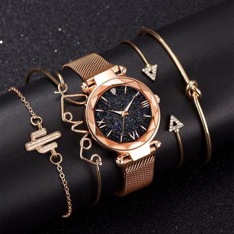 Ensemble de 5 montres de luxe pour femmes, montre-bracelet magnétique ciel étoilé, montre-bracelet à Quartz, mode dames ► Photo 1/6