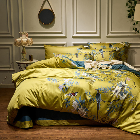 Soyeux coton égyptien jaune Chinoiserie style oiseaux fleurs housse de couette drap housse ensemble de draps King Size reine parure de lit ► Photo 1/6