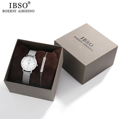 IBSO-ensemble de montres à Quartz pour femmes, Ultra mince de 8mm, maille argentée, bracelet en acier inoxydable, ensemble d'horloge à Quartz, cadeau d'anniversaire pour dames ► Photo 1/6