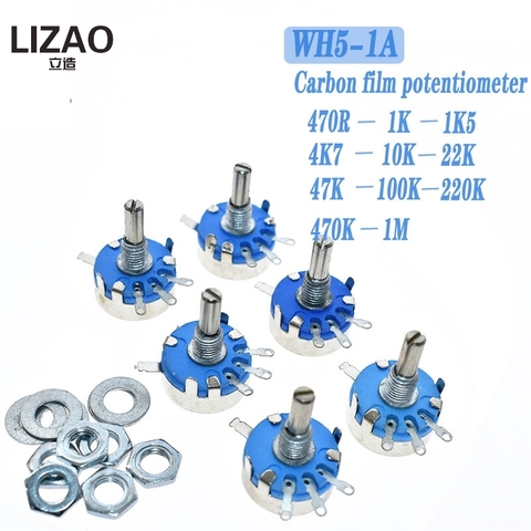 Potentiomètre carbone WH5-1A 1K 2K 10K 47K 4K7 470R 100K 470K 220K 1K5 22K 1M ohm 3 bornes arbre rond cône rotatif WH5 ► Photo 1/6