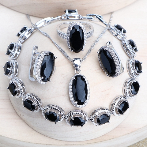 Femmes à la mode ensembles de bijoux de mariée argent 925 noir zircon cubique bijoux boucles d'oreilles de mariage anneaux Bracelets pendentif collier ► Photo 1/6