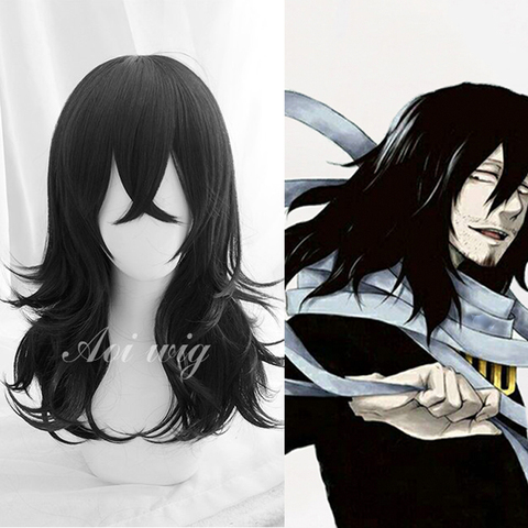 Perruque bouclée noire My Hero Academia Shouta Aizawa, 45cm, résistante à la chaleur, pour Costume de Cosplay, avec piste et bonnet de perruque ► Photo 1/1