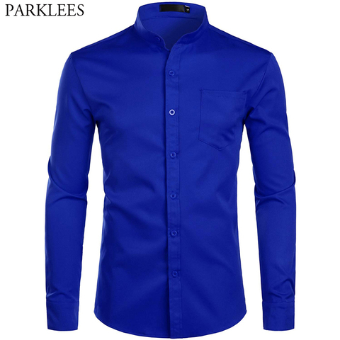Hommes bleu Royal robe chemises 2022 marque bande Mandarin col chemise mâle à manches longues décontracté bouton vers le bas chemise avec poche 2XL ► Photo 1/6