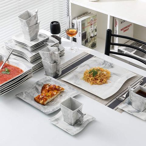 MALACASA – service de table en porcelaine de marbre, 30 pièces, avec 6 assiettes à dîner, à Dessert, à soupe, tasses et soucoupes ► Photo 1/6