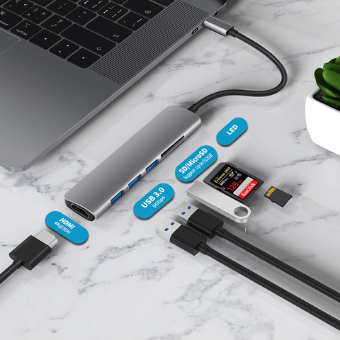 Adaptateur Thunderbolt 4K pour MacBook Pro, Air et Huawei Mate, avec ports de lecteur TF SD PD, 3 USB de 3.1 type-c C Hub 3.0 à HDMI ► Photo 1/6