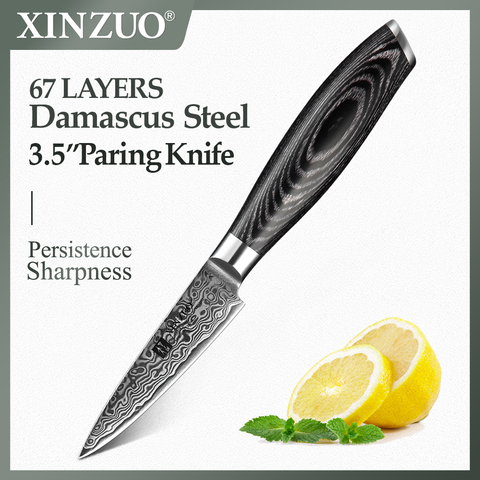 XINZUO couteau à éplucher 67 couches, couteau à éplucher 67 couches en acier damas japonais à haute teneur en carbone Pro couteaux de cuisine pour éplucher les fruits, manche en Pakkawood 3.5 