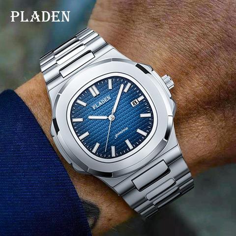 PLADEN – montre de luxe à Quartz pour hommes, en acier inoxydable, avec dégradé de bleu, étanche, avec calendrier ► Photo 1/6