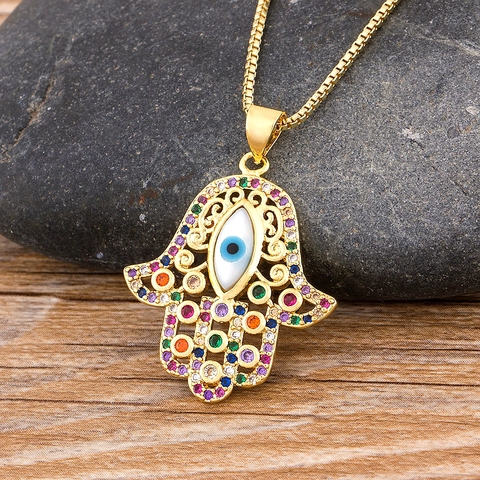 Hamsa – pendentif main de Fatima, chaîne couleur or, cuivre, zircone, bijoux turcs mauvais œil pour femmes, nouvelle collection 2022 ► Photo 1/6