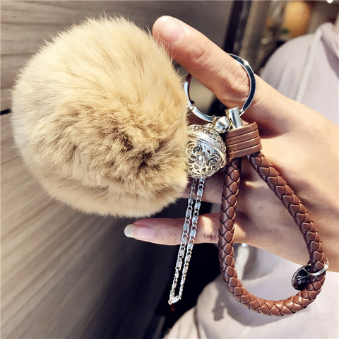 Moelleux réel lapin fourrure porte-clés pompon balle en cuir porte-clés porte-clé charme femmes sac voiture pendentif bijoux bibelot accessoires ► Photo 1/6