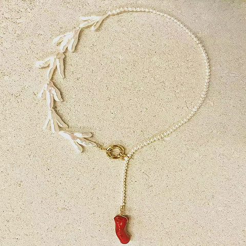 Collier de perles naturelles baroques pour femmes, Glamour, pendentif en corail rouge, style bohème, fait à la main, 2022 ► Photo 1/6