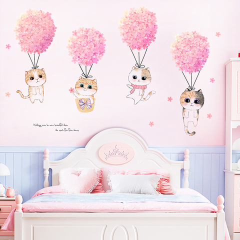 Ins – autocollant mural fleur rose chat mignon, décoration murale de fond de chambre de fille, décor de maison, décoration de chambre d'enfants ► Photo 1/6