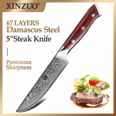 XINZUO couteaux de cuisine en acier damas VG10, couteau à Steak de 5 pouces, outils de coupe de haute qualité, couteau utilitaire avec manche en bois de rose ► Photo 1/6