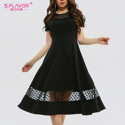 S.FLAVOR – robe mi-longue noire à manches courtes pour femmes, tenue d'été élégante en dentelle Patchwork, à la mode, robes De tous les jours ► Photo 1/6