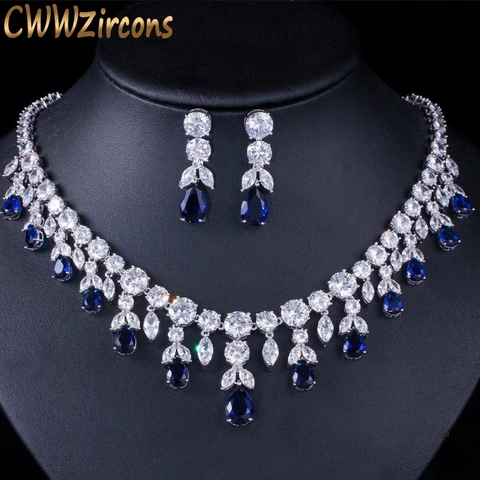 CWWZircons - bijoux pour robes de mariées, bijoux pour robes de mariées Deluxe couleur bleu foncé, ensembles de grandes boucles d'oreilles pendantes et collier CZ pour mariéesT341 ► Photo 1/6