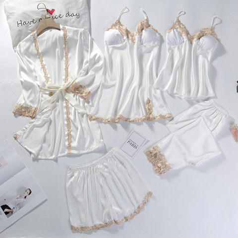 Dentelle Patchwork 5 pièces vêtements de nuit chemise de nuit Kimono peignoir Robe Satin dame nuisette & Robe costume Sexy maison vêtements blanc Robe de mariée ► Photo 1/6