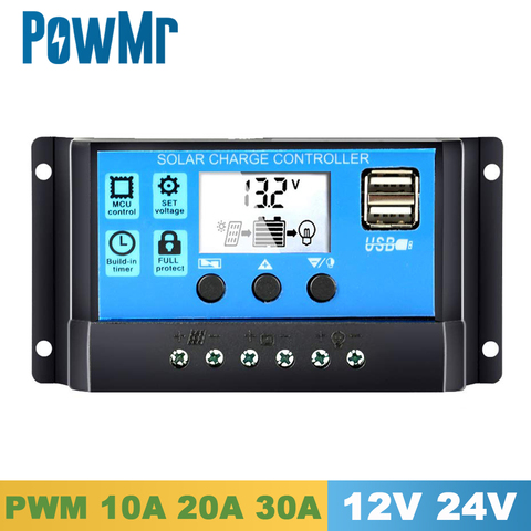 Contrôleur de chargeur de batterie solaire, 30A 20A 10A LCD PWM 12V 24V, régulateur automatique avec double sortie USB 5V pour système PV domestique, nouveau ► Photo 1/6